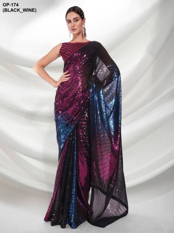 D.NO. OP 174(BLACK&WINE) BY LAXMINAM GEORGETTE SAREE WHOLESALER IN INDIA
